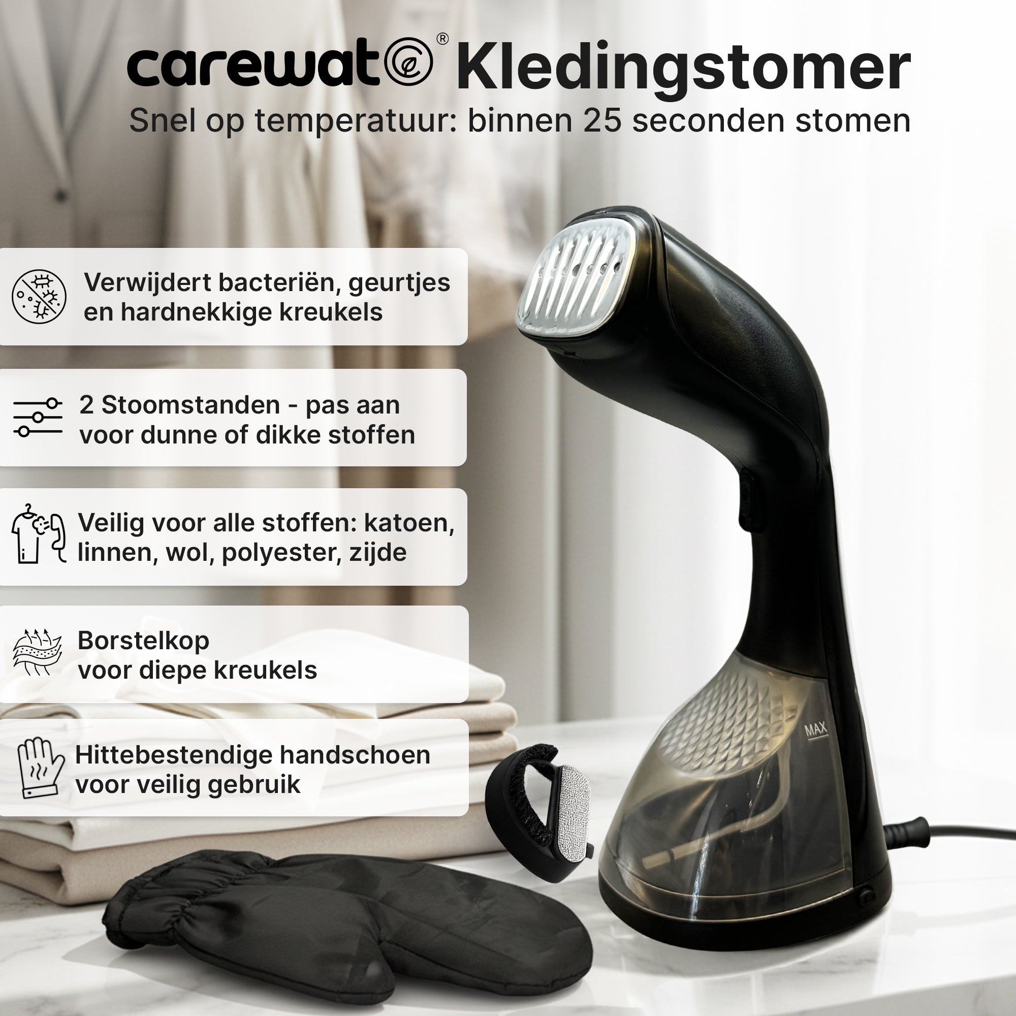 Carewat Steam T3 Kledingstomer – Handstomer - Stoomapparaat Kleding - 1500W - 200 ml Waterreservoir - Inclusief Warmtebestendige Handschoen, Opzetborstel en Maatbeker
