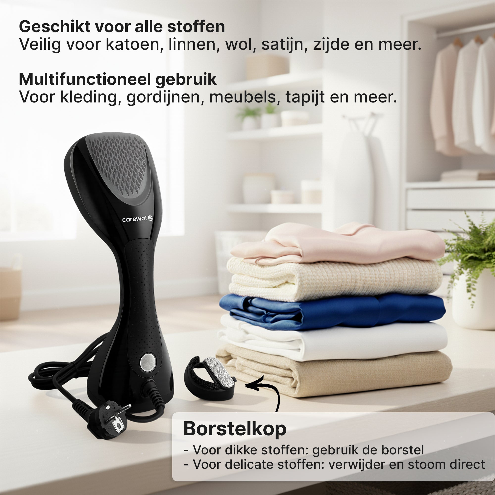 Carewat Steam T3 Kledingstomer – Handstomer - Stoomapparaat Kleding - 1500W - 200 ml Waterreservoir - Inclusief Warmtebestendige Handschoen, Opzetborstel en Maatbeker