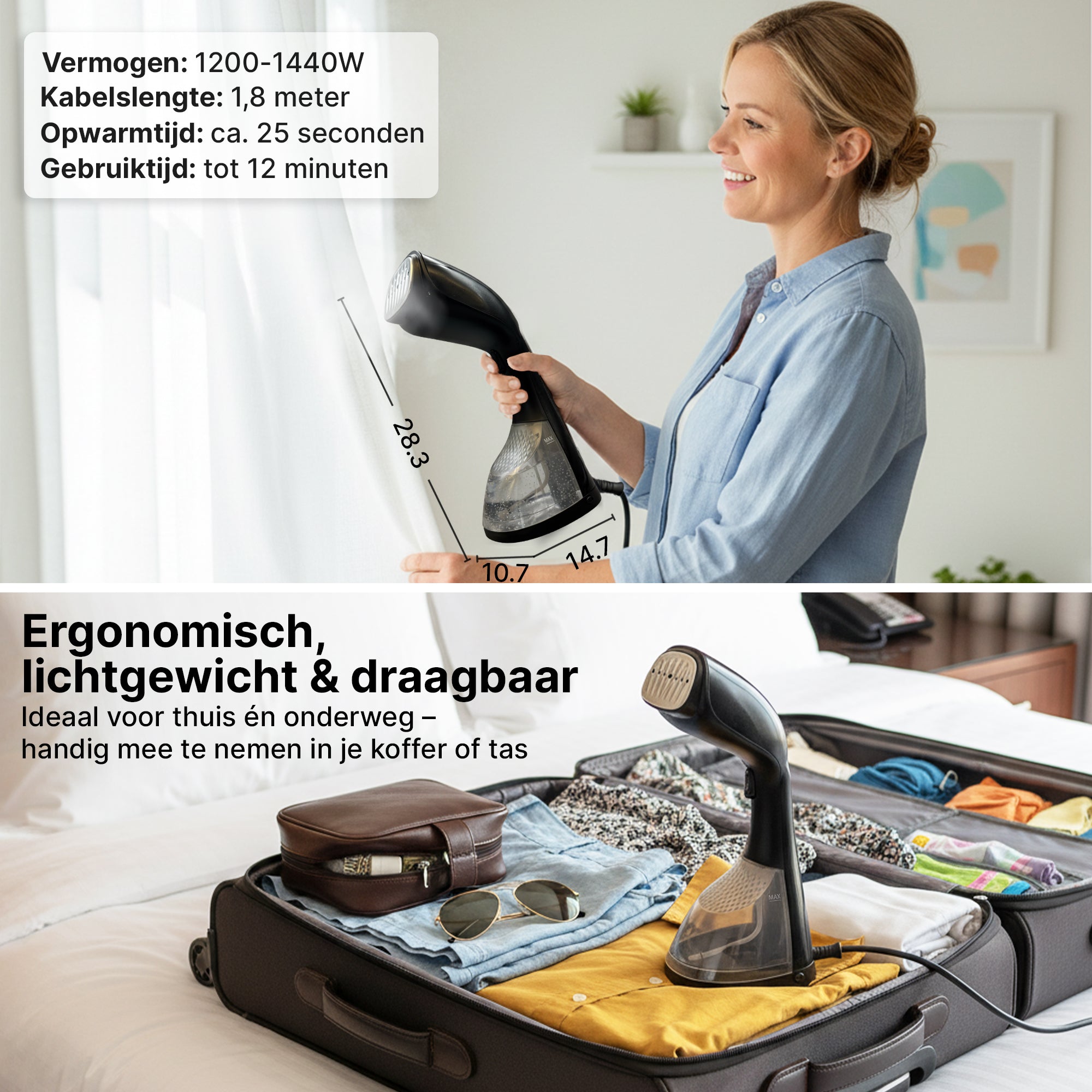 Carewat Steam T3 Kledingstomer – Handstomer - Stoomapparaat Kleding - 1500W - 200 ml Waterreservoir - Inclusief Warmtebestendige Handschoen, Opzetborstel en Maatbeker