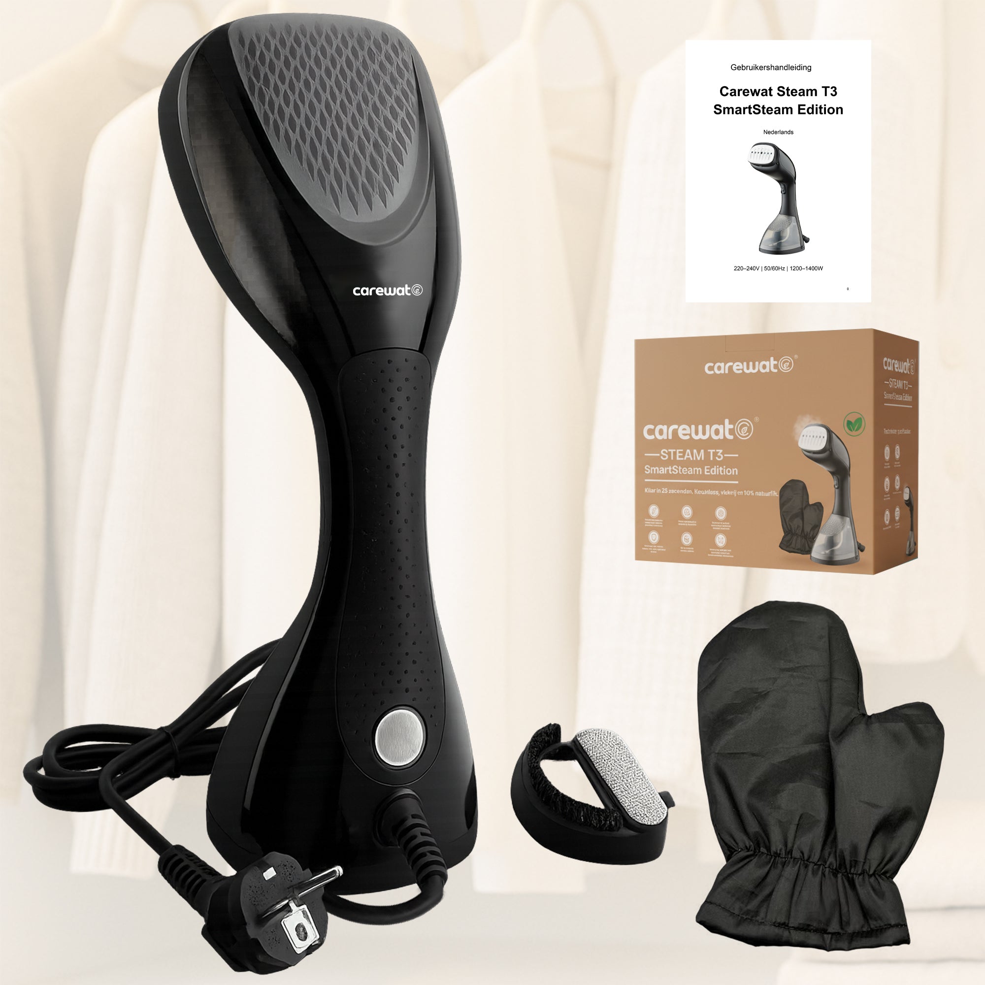 Carewat Steam T3 Kledingstomer – Handstomer - Stoomapparaat Kleding - 1500W - 200 ml Waterreservoir - Inclusief Warmtebestendige Handschoen, Opzetborstel en Maatbeker